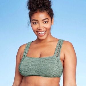 Xhilaration Sage Green Crochet Bikini Top Sz L Padded Adj Straps Boho Granny